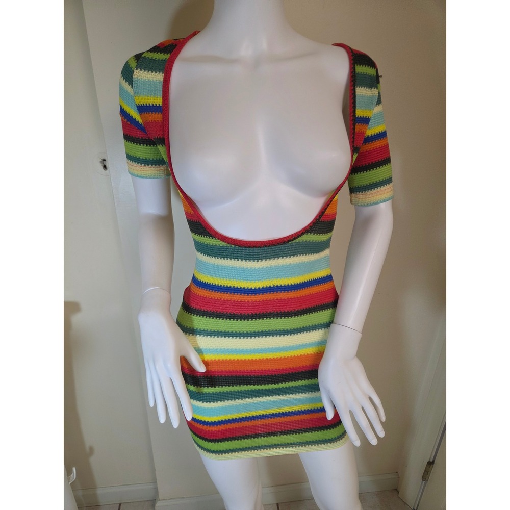 Edikted Rainbow Striped Knit Mini‎ Dress Short Sleeve Deep Scoop Neck S12082 S